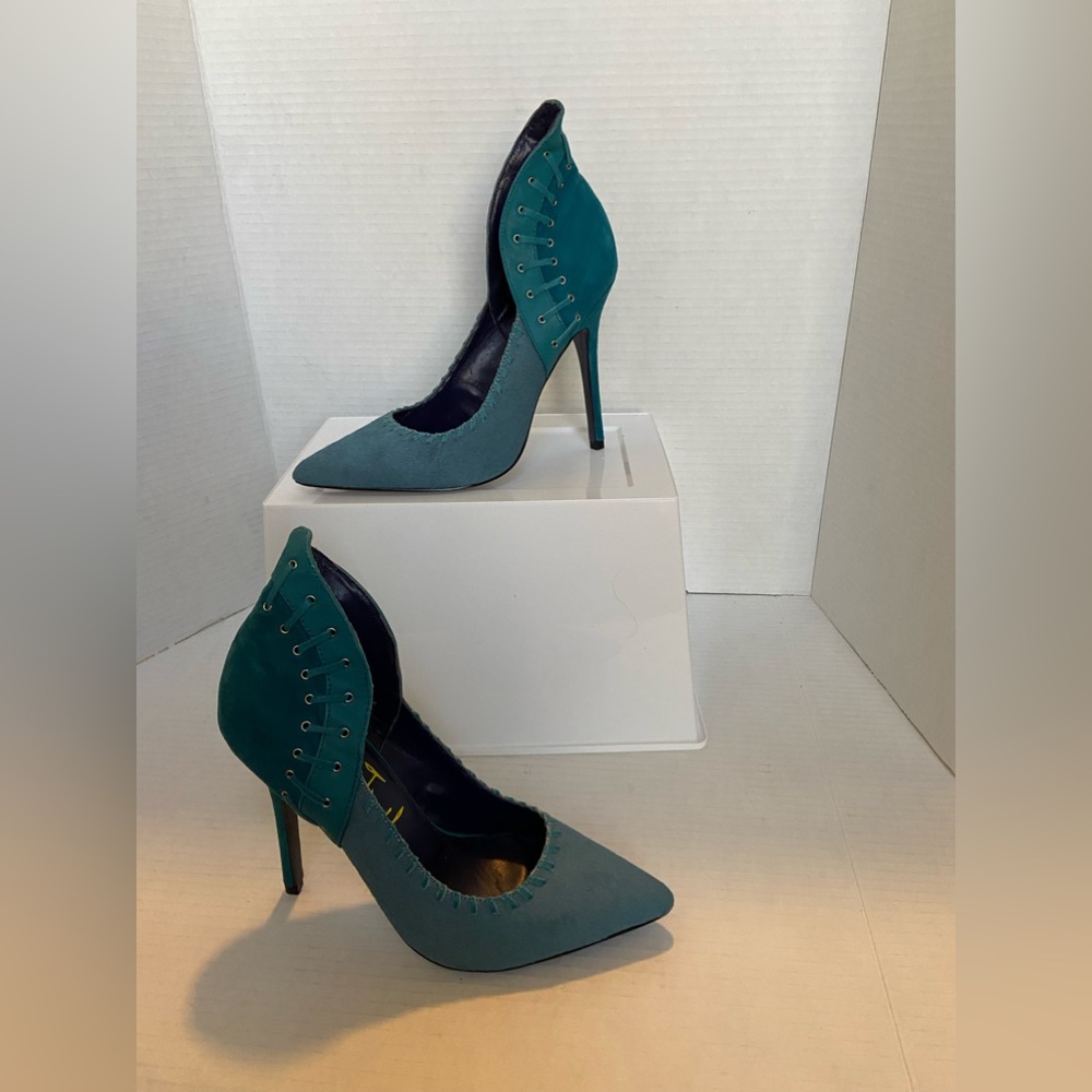 London Trash Turquoise Suede Pumps Heels Womens Blue Fan Lace Up Shoes S…